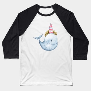 Watercolor whale with lighthouse painting Baseball T-Shirt